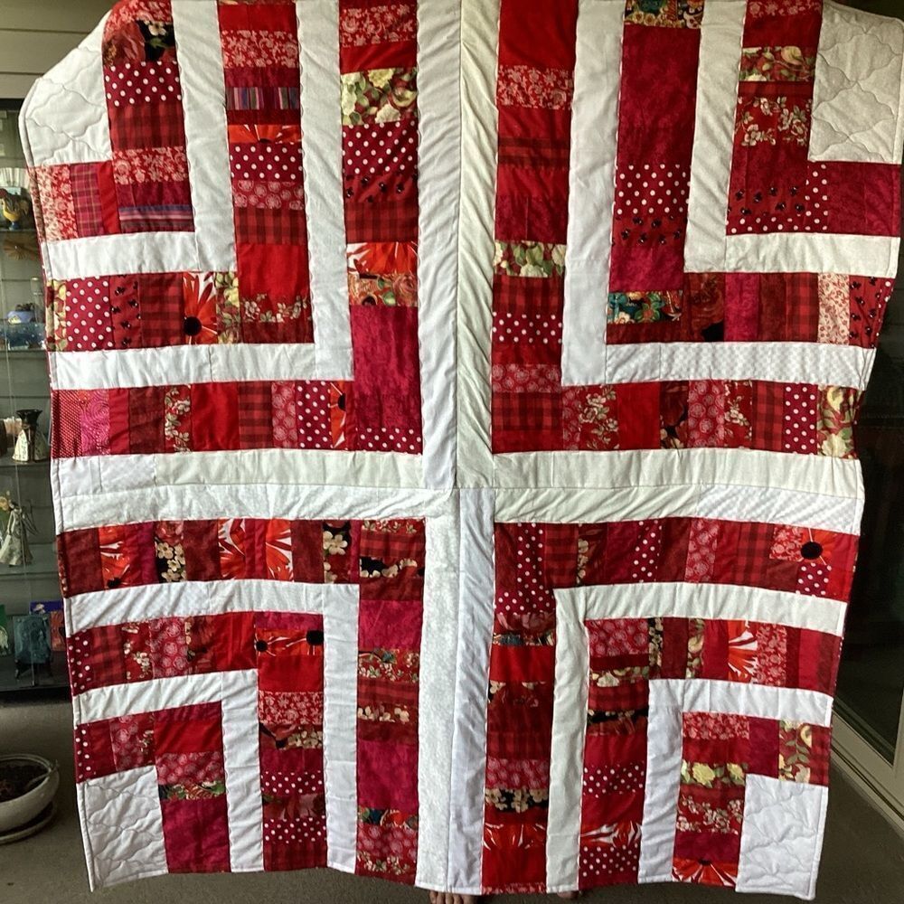 NWT. Hand Crafted “Strawberry Fields” Red and White Patchwork Quilt